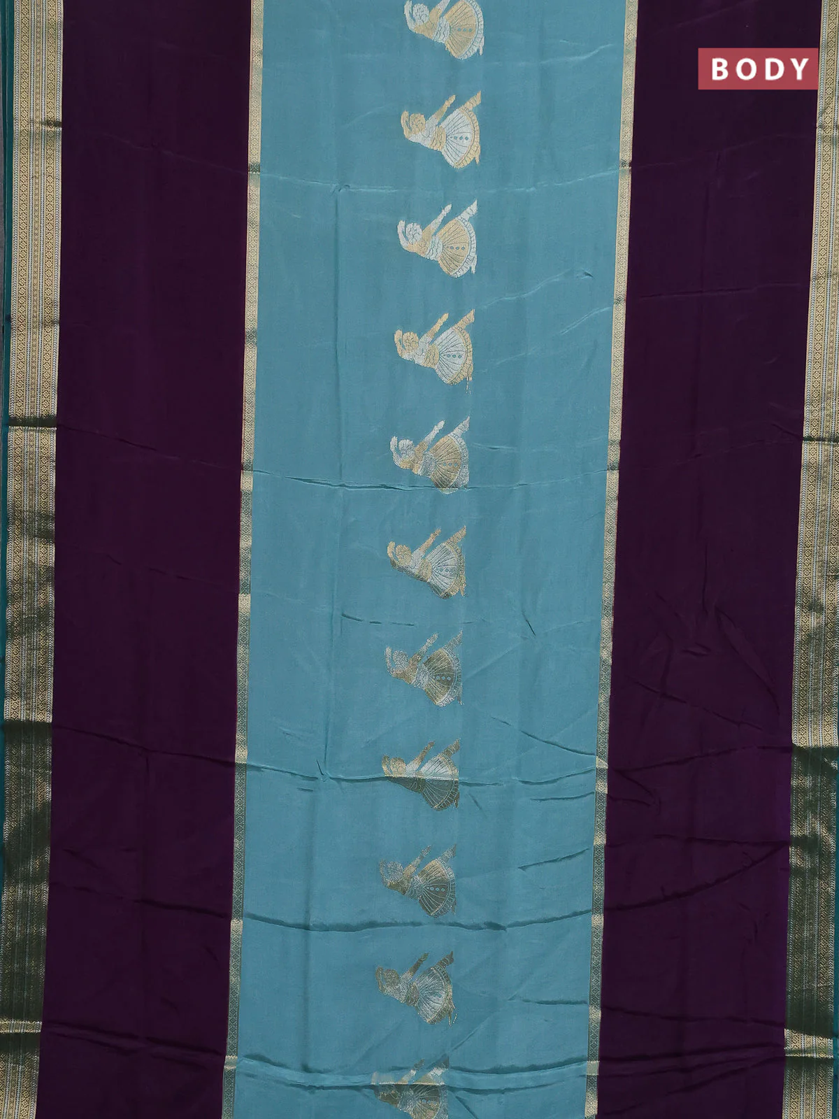 Semi mysore silk saree pastel green violet and peacock green with zari woven buttas and rettapet zari woven border - Image 2