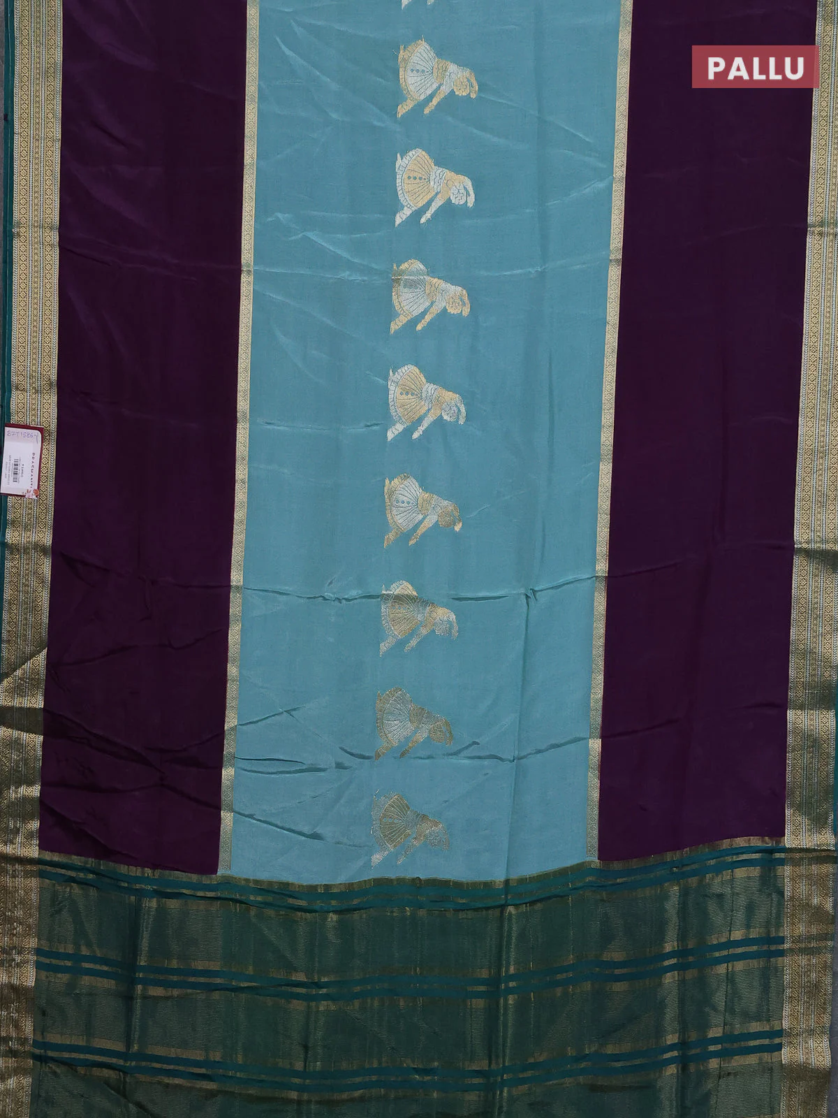 Semi mysore silk saree pastel green violet and peacock green with zari woven buttas and rettapet zari woven border - Image 3
