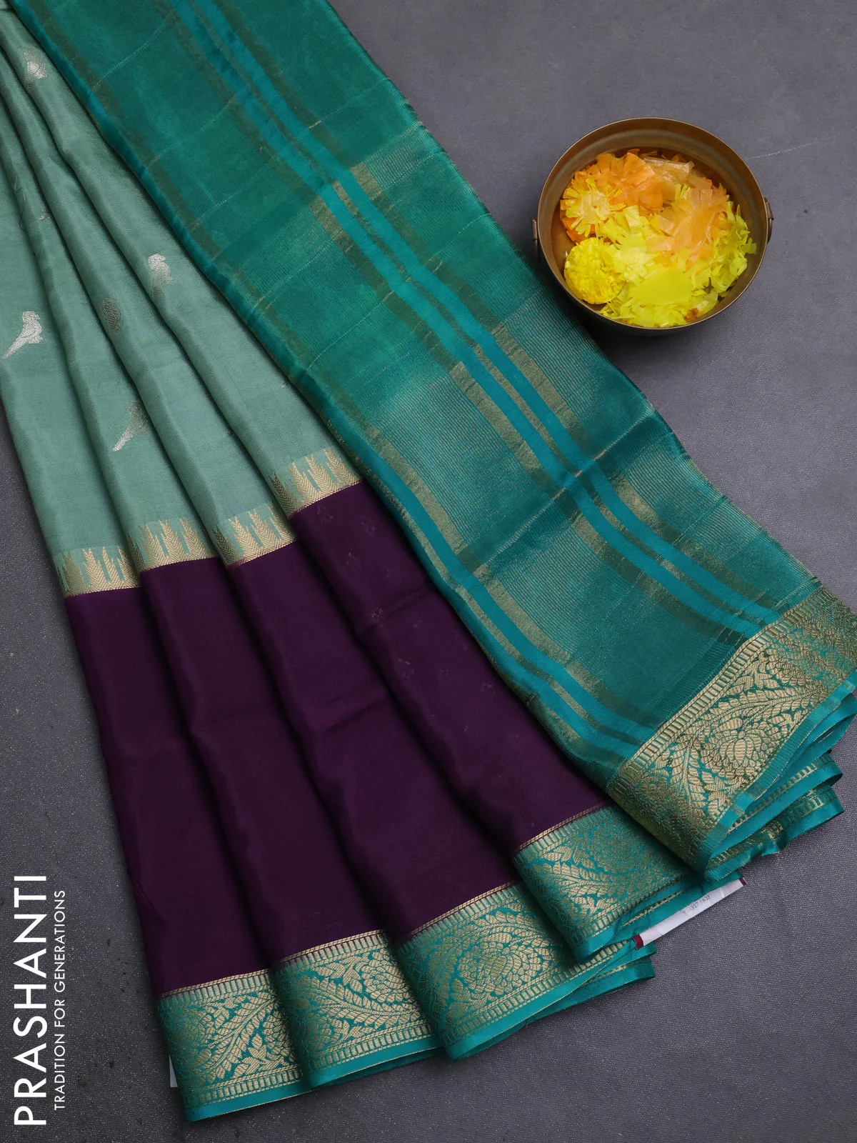 Semi mysore silk saree pastel green violet and teal green with zari woven buttas and long rettapet zari woven border
