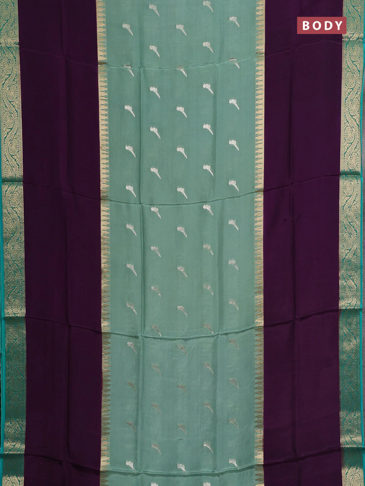 Semi mysore silk saree pastel green violet and teal green with zari woven buttas and long rettapet zari woven border - Image 2
