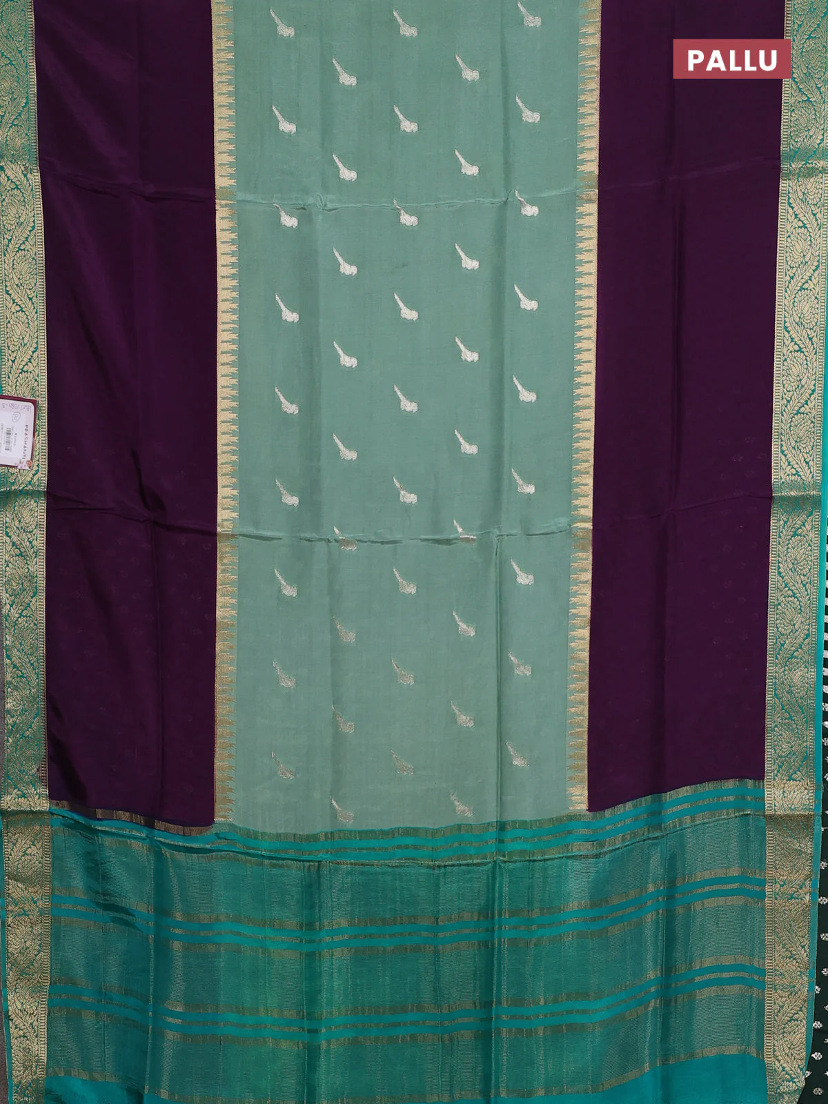 Semi mysore silk saree pastel green violet and teal green with zari woven buttas and long rettapet zari woven border - Image 3