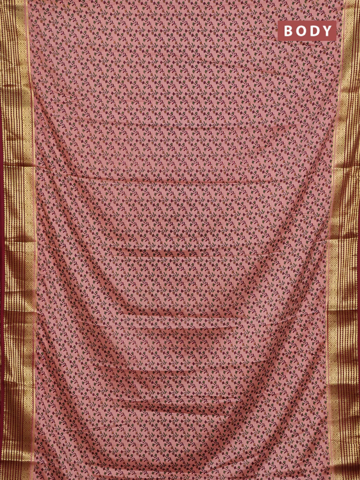 Semi mysore silk saree peach pink and maroon with allover prints and zari woven border - Image 2