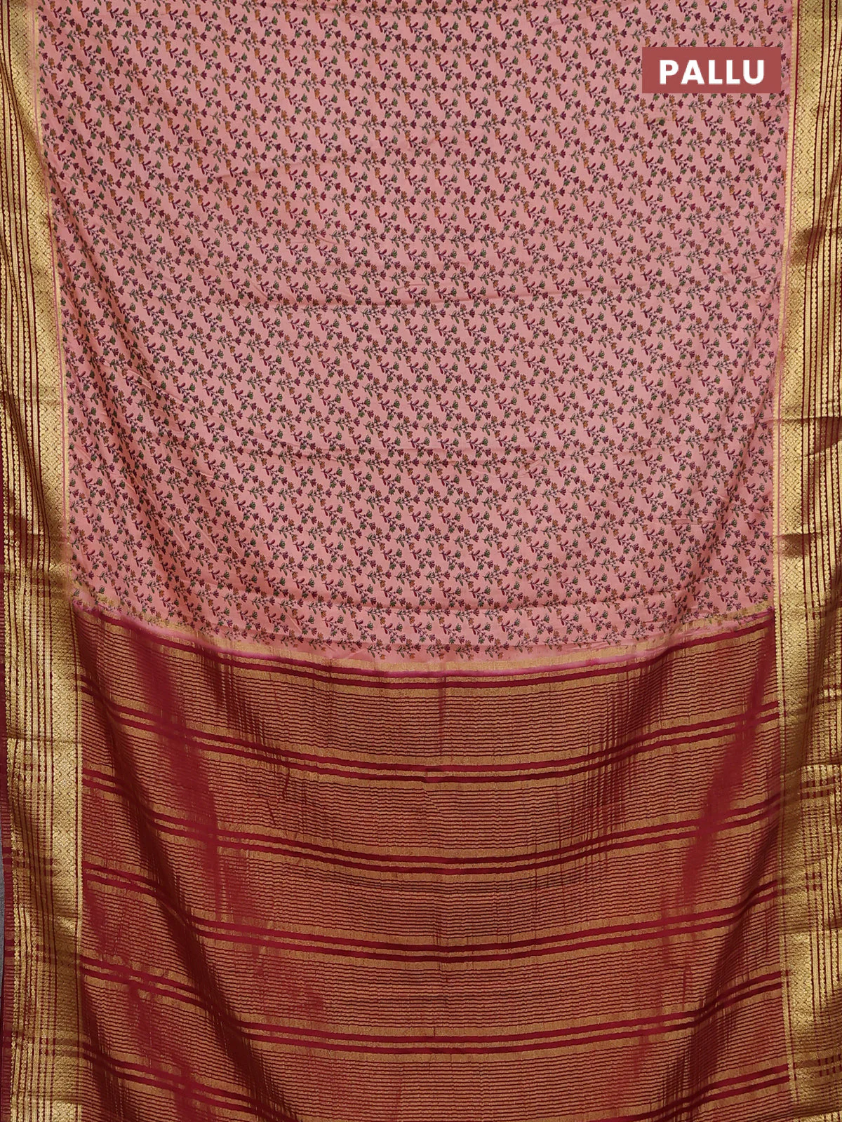 Semi mysore silk saree peach pink and maroon with allover prints and zari woven border - Image 3
