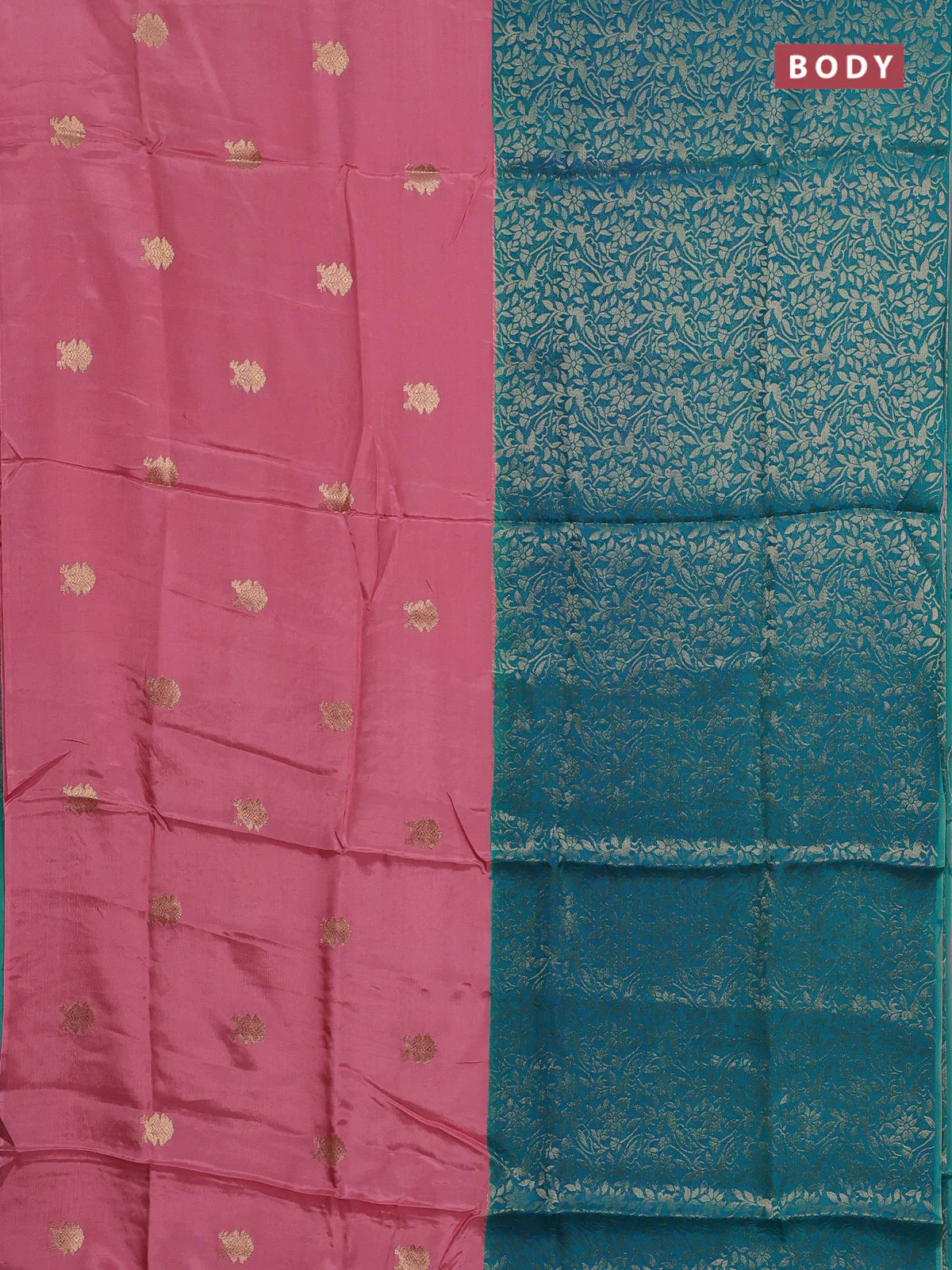Semi mysore silk saree peach pink and teal green with half & half style and long zari woven border - Image 2