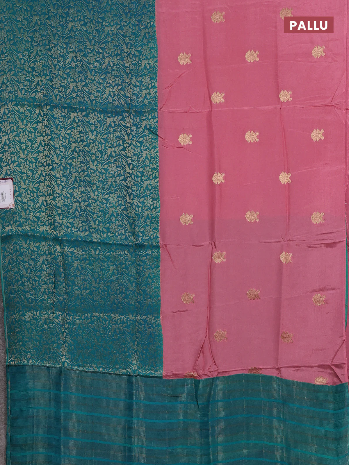 Semi mysore silk saree peach pink and teal green with half & half style and long zari woven border - Image 3