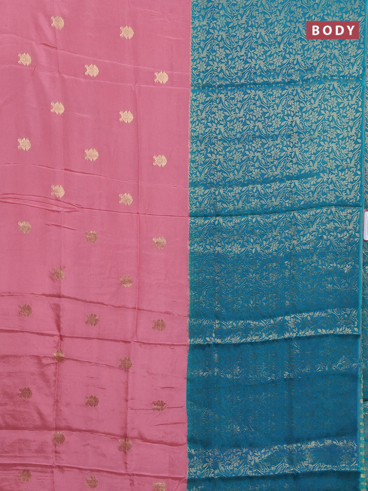 Semi mysore silk saree peach pink and teal green with half & half style and long zari woven border - Image 2