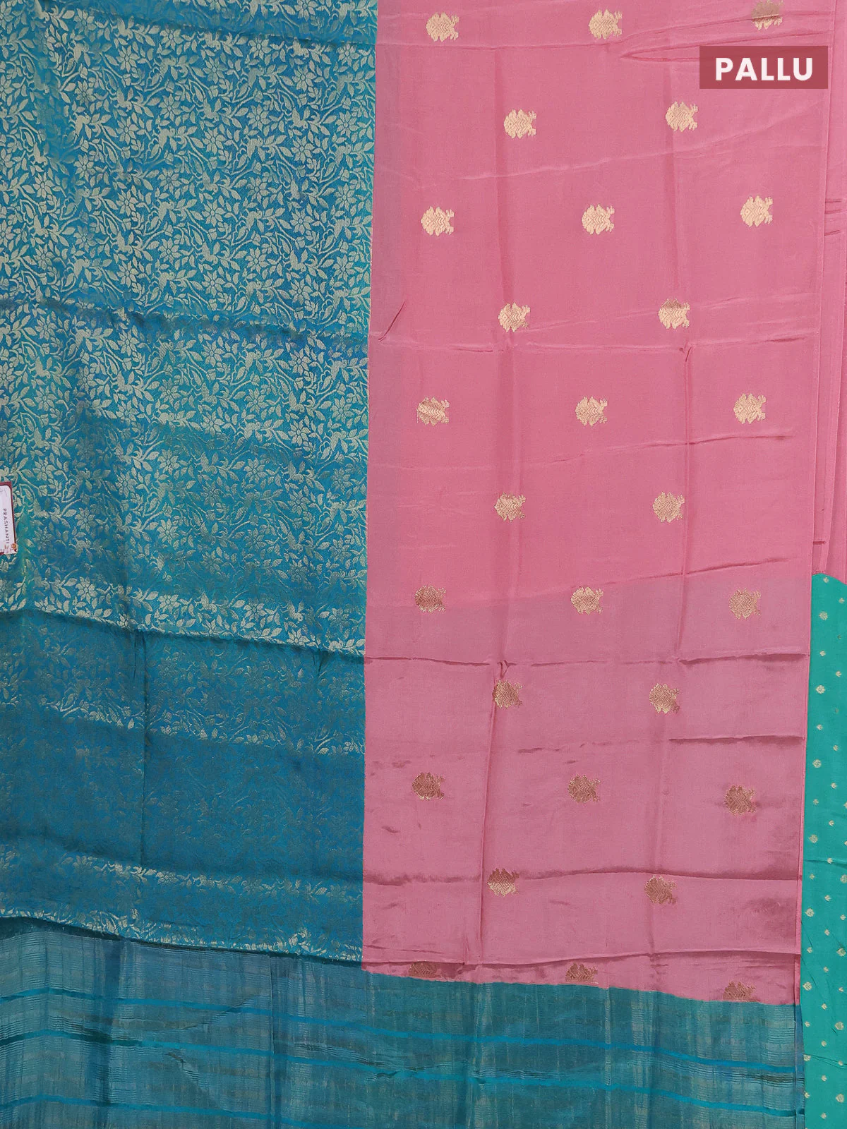 Semi mysore silk saree peach pink and teal green with half & half style and long zari woven border - Image 3