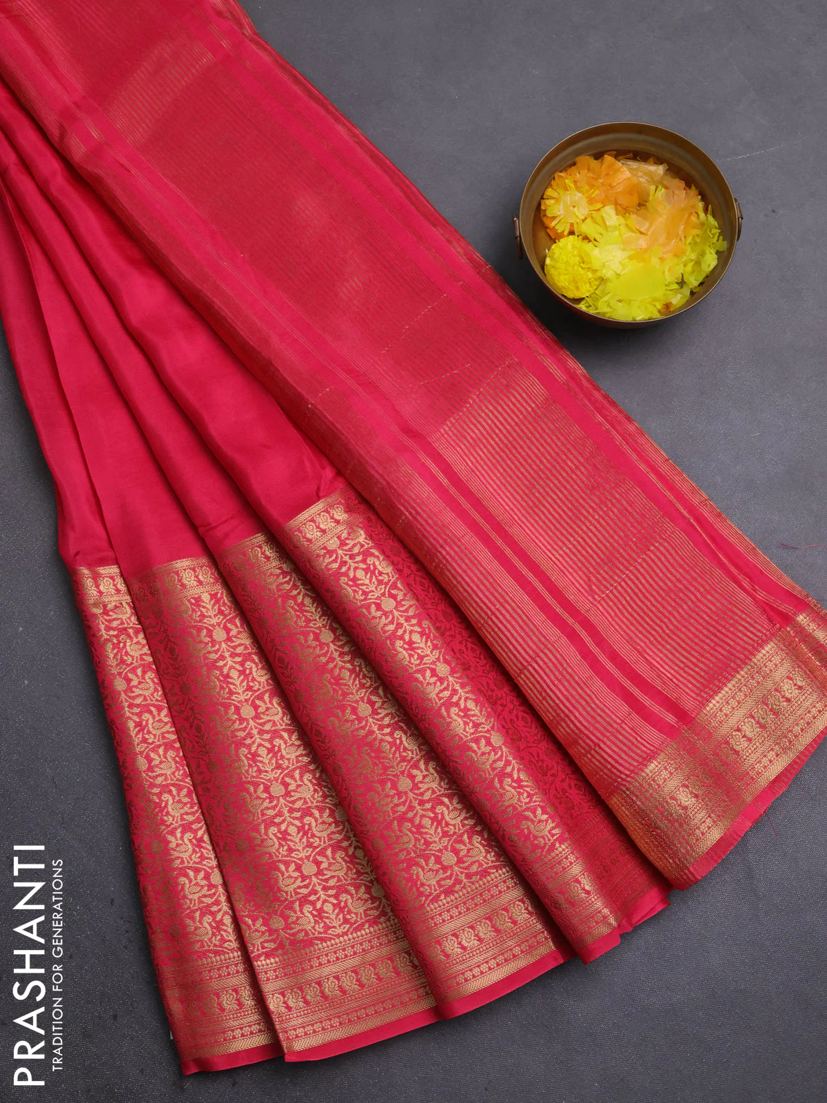 Semi mysore silk saree peach pink with plain body and long annam zari woven border