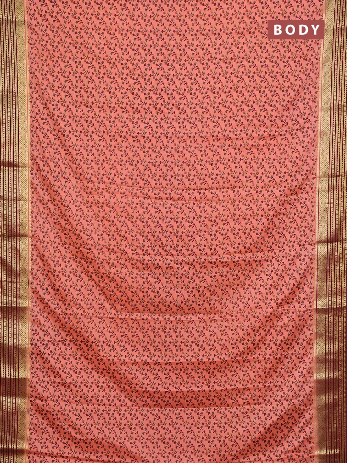 Semi mysore silk saree peach shade and maroon with allover prints and zari woven border - Image 2