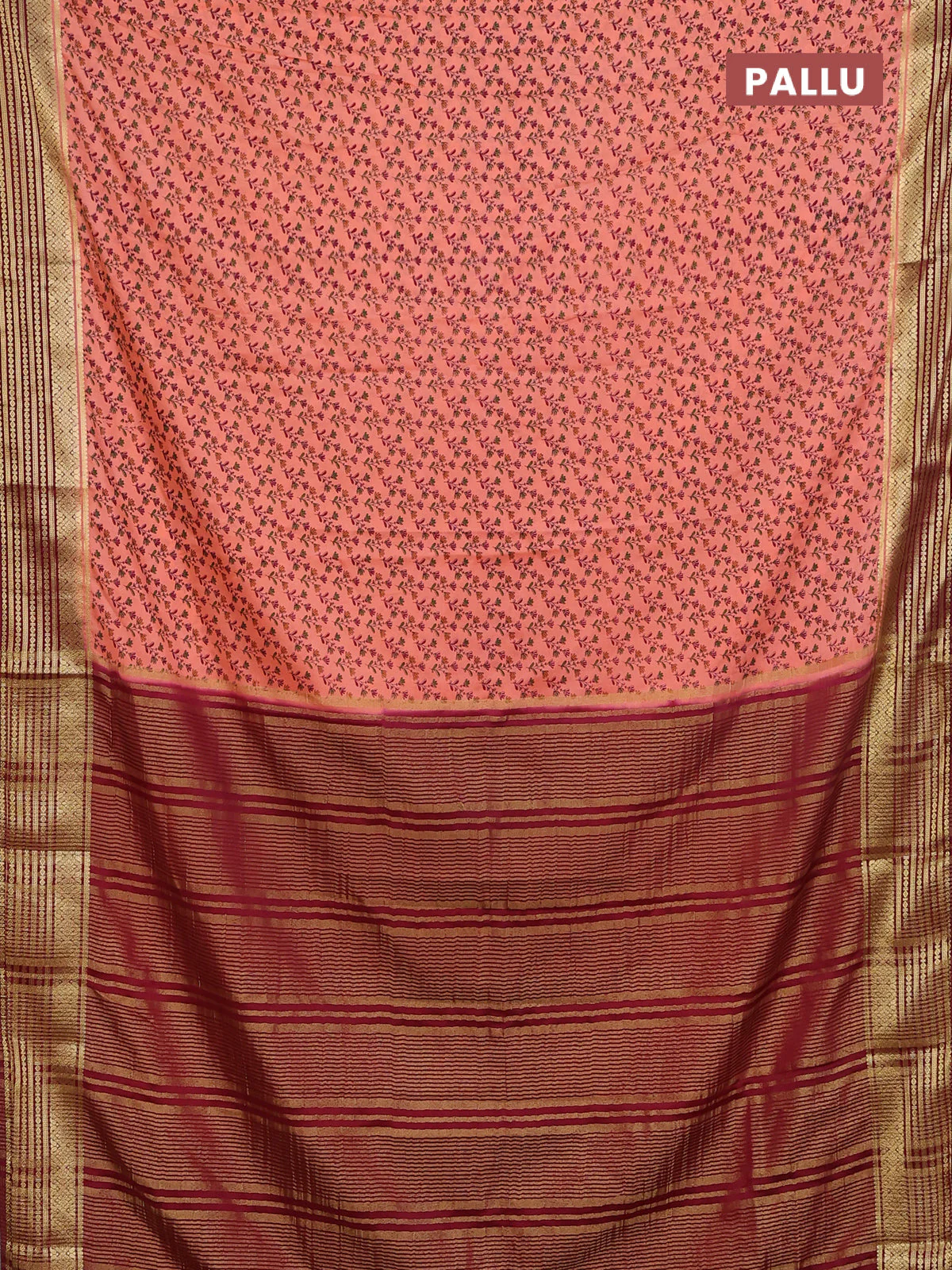 Semi mysore silk saree peach shade and maroon with allover prints and zari woven border - Image 3
