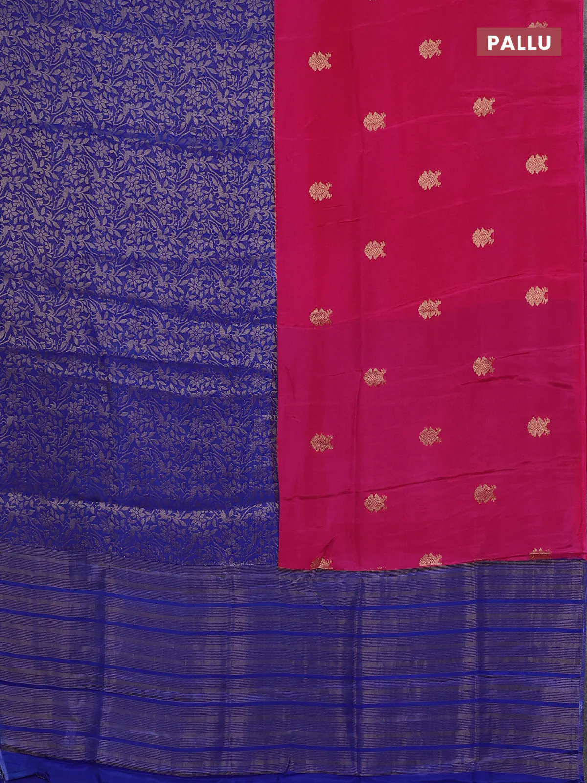 Semi mysore silk saree pink and blue with half & half style and long zari woven border - Image 3