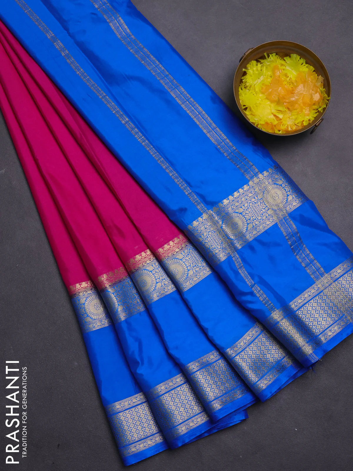 Semi mysore silk saree pink and cs blue with plain body and rettapet zari woven border