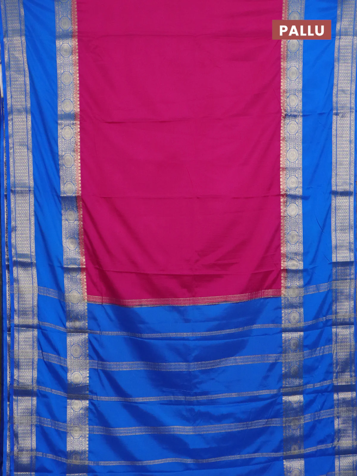 Semi mysore silk saree pink and cs blue with plain body and rettapet zari woven border - Image 3