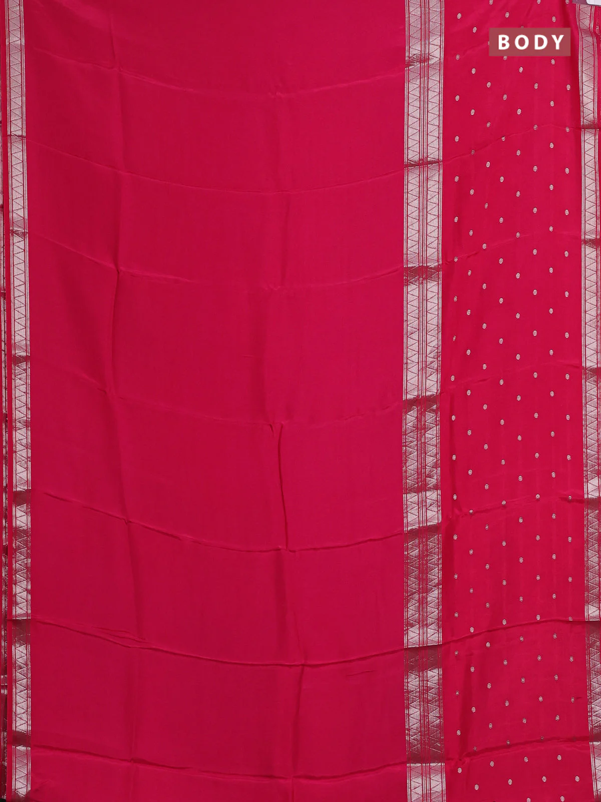 Semi mysore silk saree pink and green with plain body and long zari woven butta border - Image 2