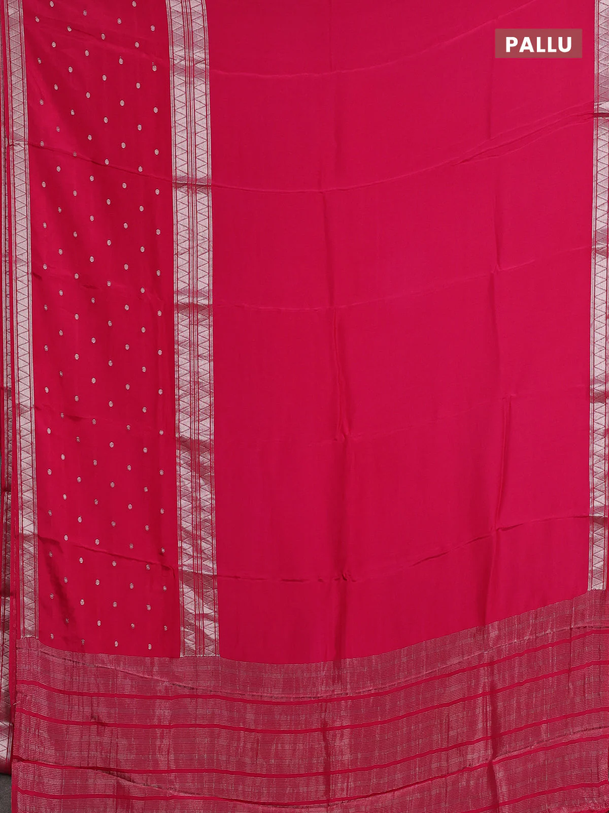 Semi mysore silk saree pink and green with plain body and long zari woven butta border - Image 3