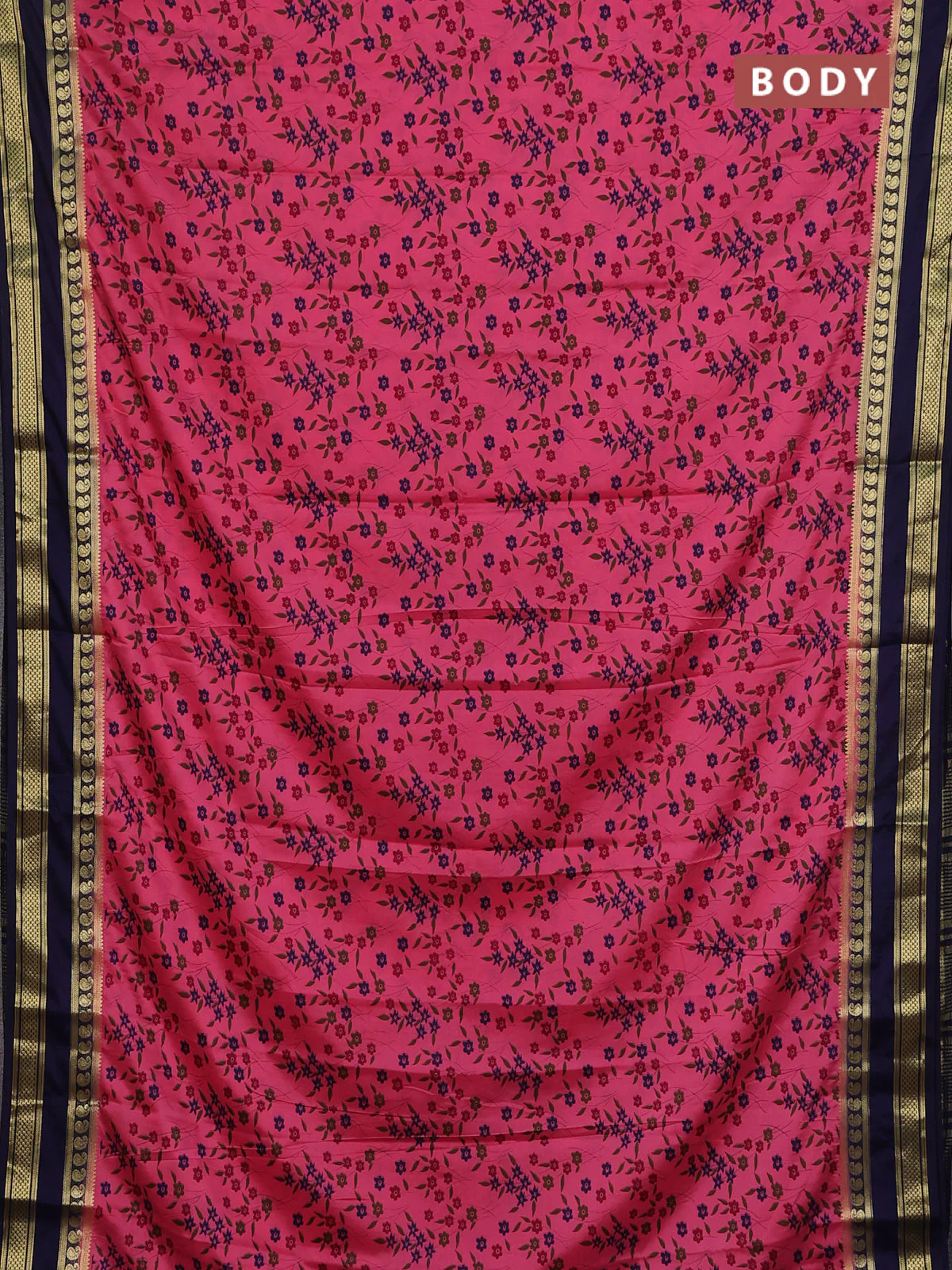 Semi mysore silk saree pink and navy blue with allover prints and rettapet zari woven border - Image 2
