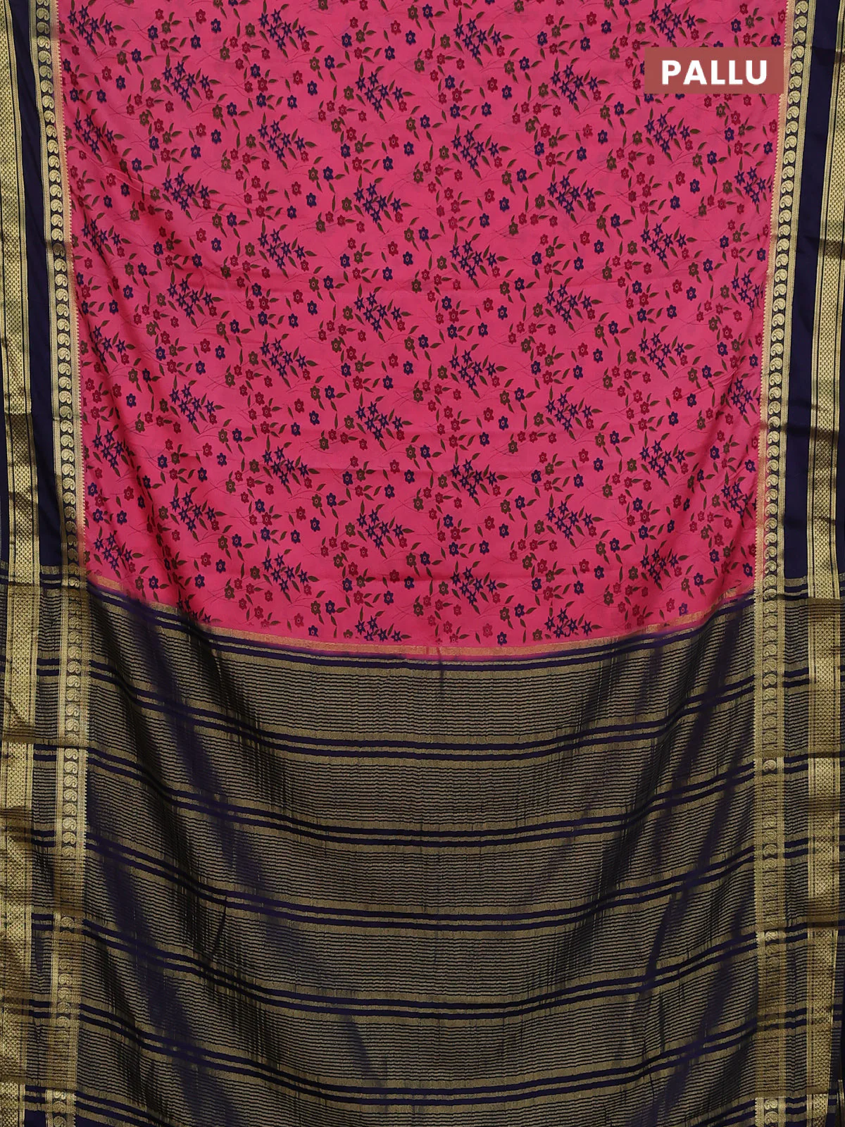 Semi mysore silk saree pink and navy blue with allover prints and rettapet zari woven border - Image 3