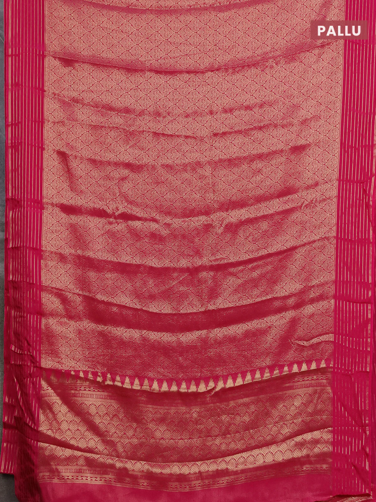 Semi mysore silk saree pink and orange with allover zari weaves and zari woven border - Image 3