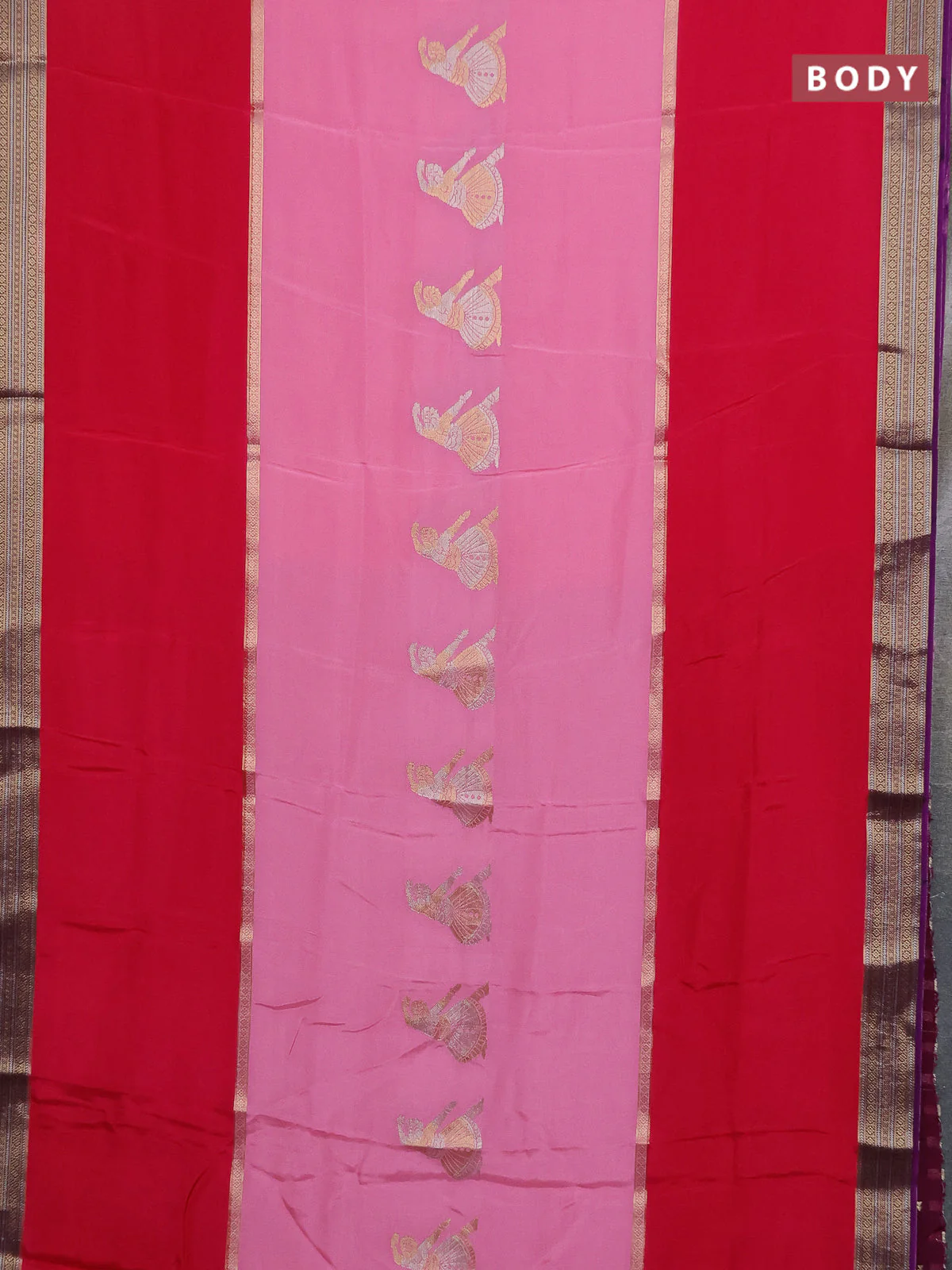 Semi mysore silk saree pink and purple with zari woven buttas and rettapet zari woven border - Image 2