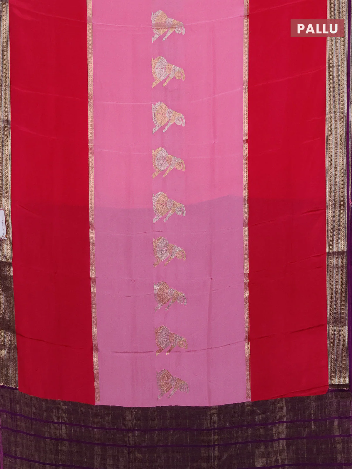 Semi mysore silk saree pink and purple with zari woven buttas and rettapet zari woven border - Image 3