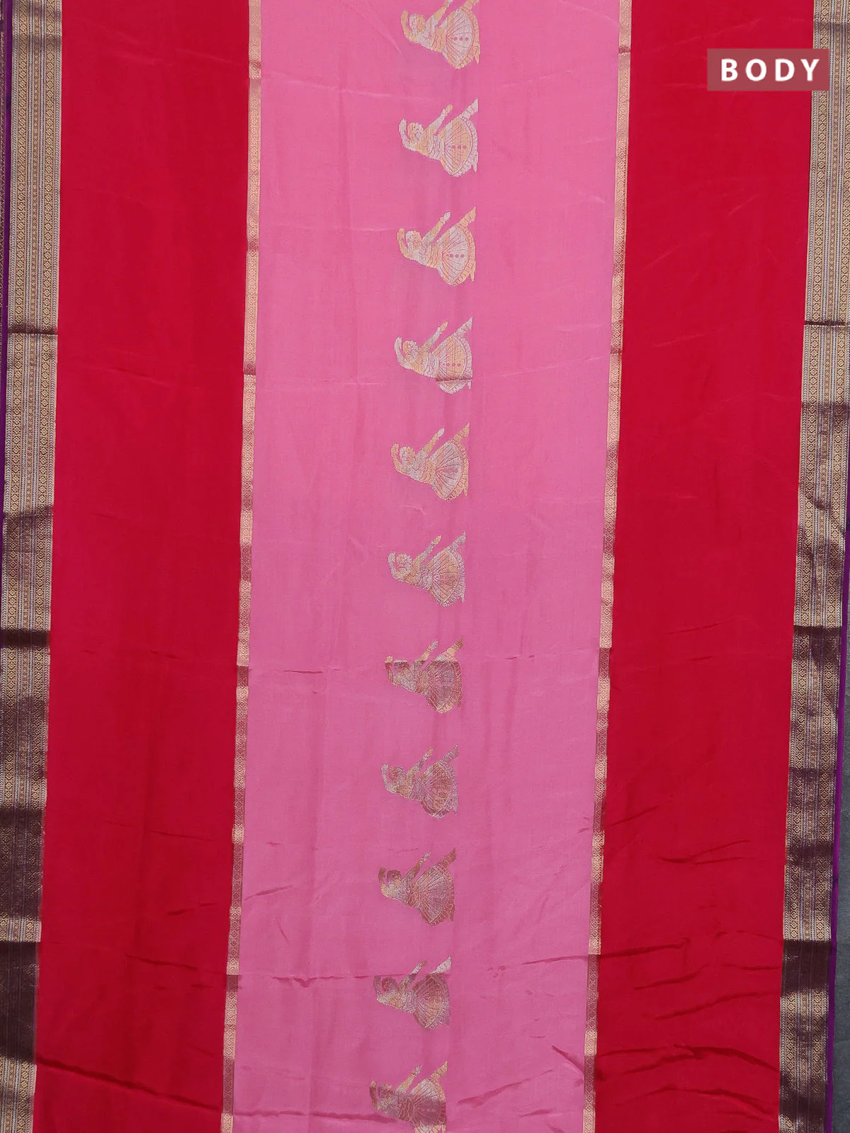 Semi mysore silk saree pink and purple with zari woven buttas and rettapet zari woven border - Image 2