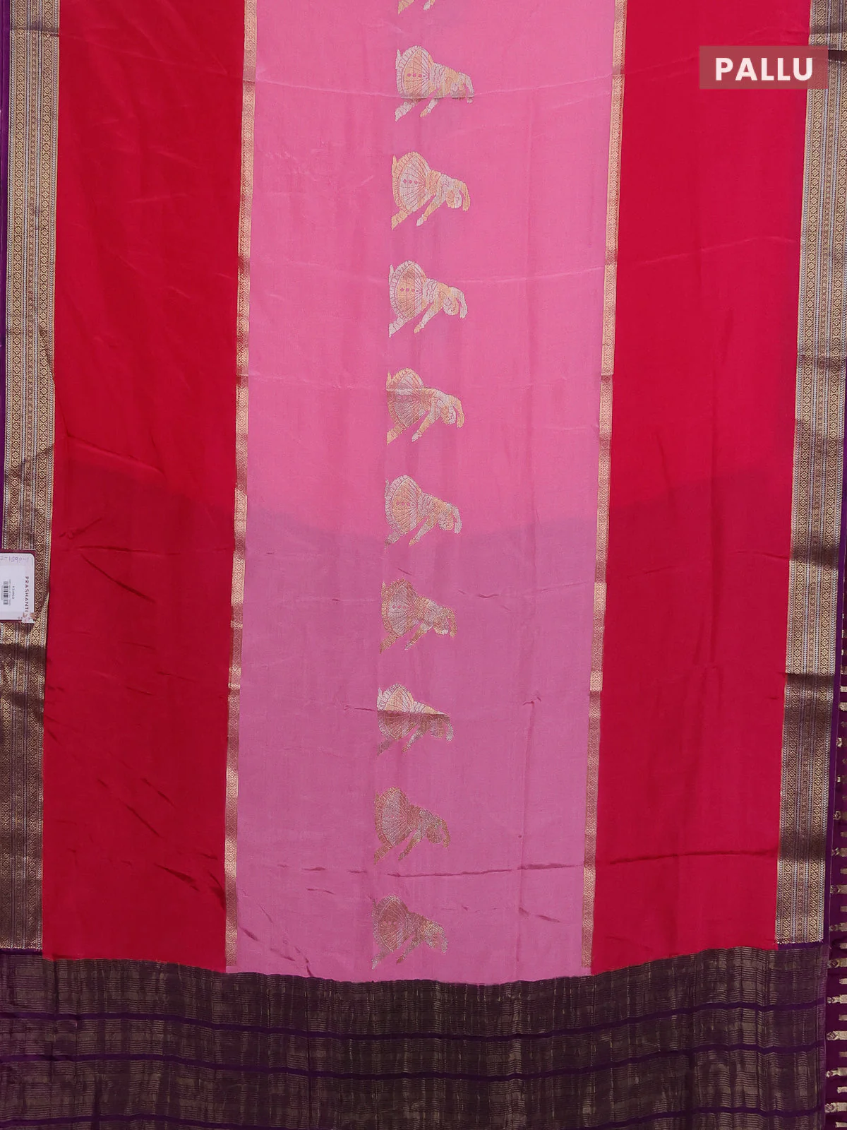 Semi mysore silk saree pink and purple with zari woven buttas and rettapet zari woven border - Image 3