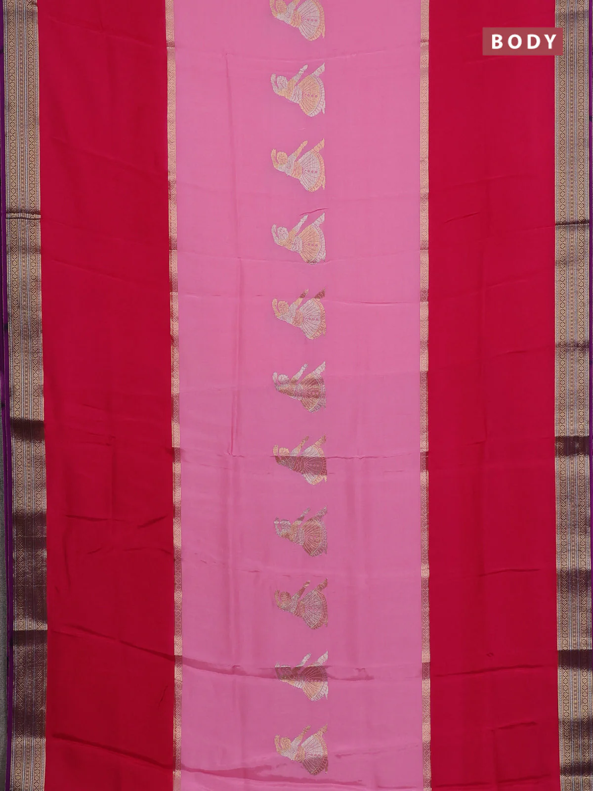 Semi mysore silk saree pink and purple with zari woven buttas and rettapet zari woven border - Image 2