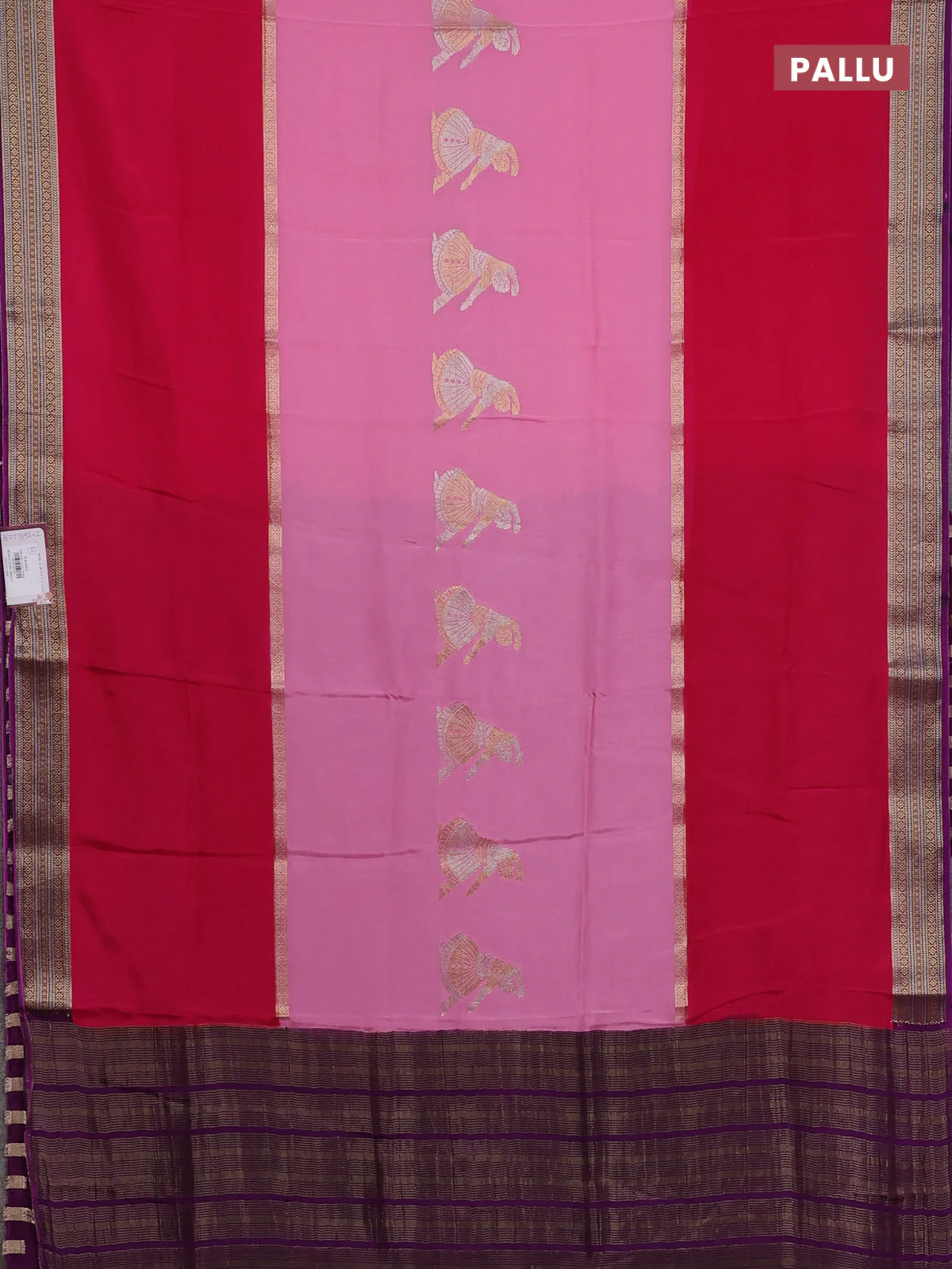 Semi mysore silk saree pink and purple with zari woven buttas and rettapet zari woven border - Image 3