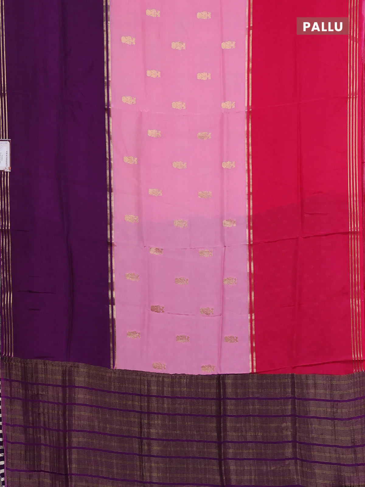 Semi mysore silk saree pink and violet with zari woven buttas and rettapet zari woven border - Image 3