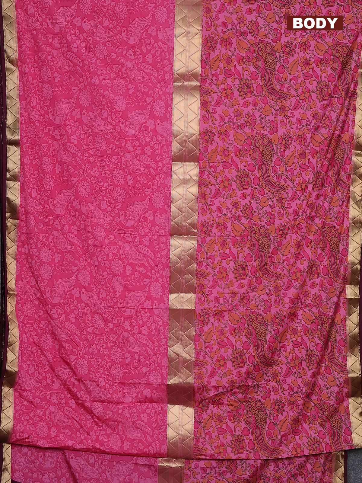 Semi mysore silk saree pink and wine shade with allover half & half style and printed zari border - Image 2