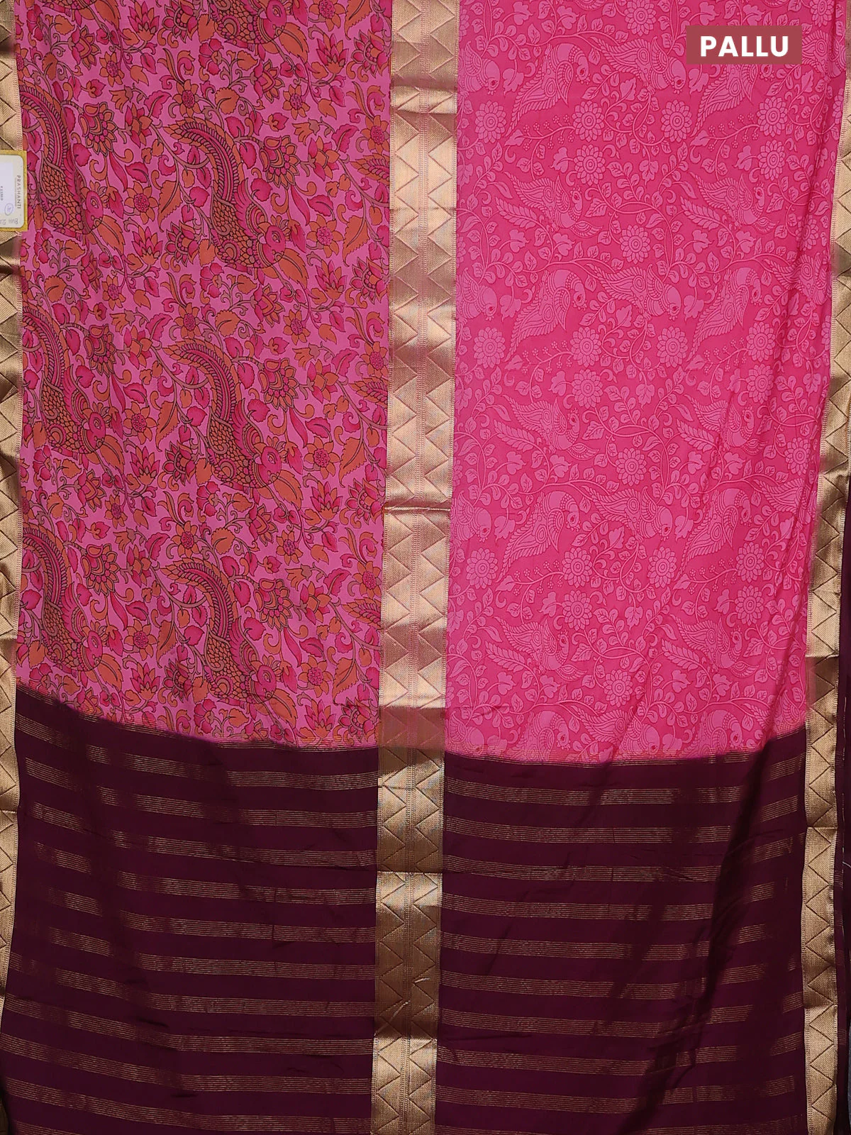 Semi mysore silk saree pink and wine shade with allover half & half style and printed zari border - Image 3