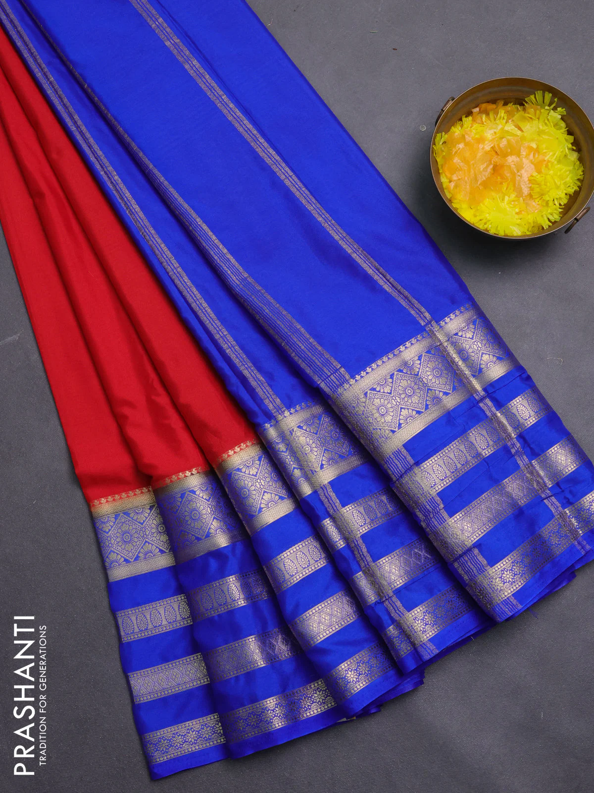 Semi mysore silk saree red and blue with plain body and long zari woven border