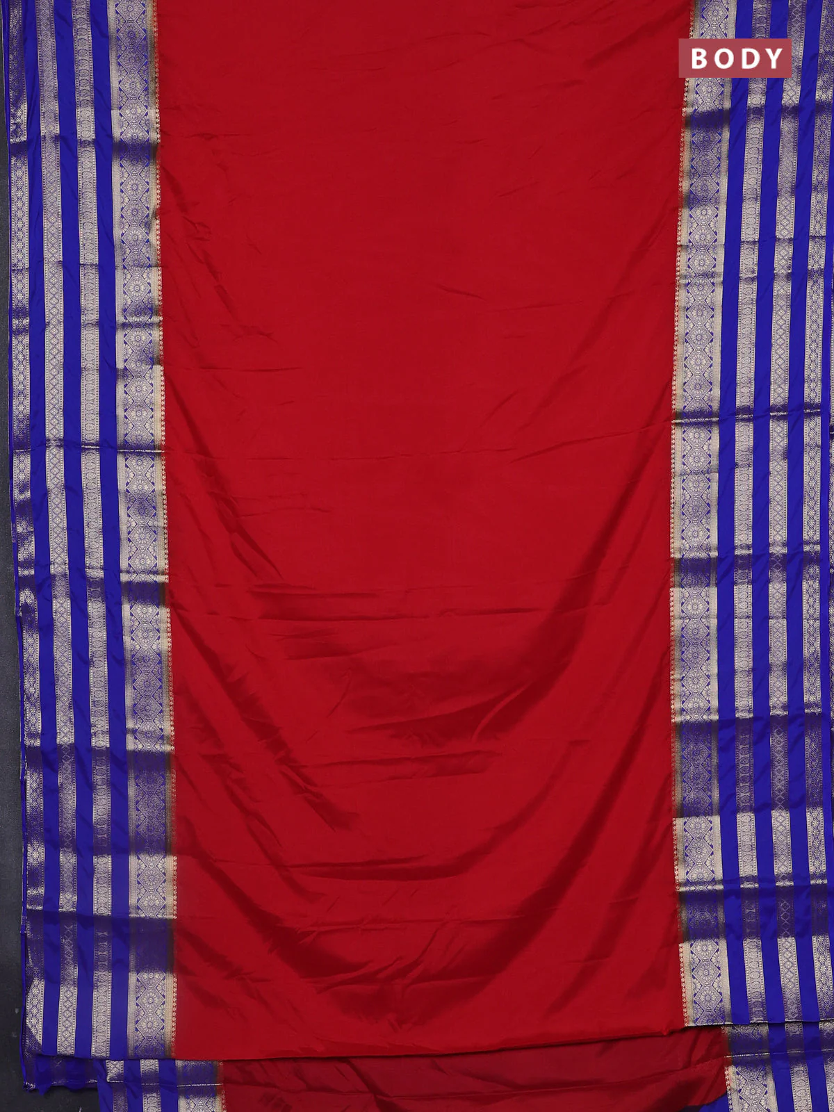 Semi mysore silk saree red and blue with plain body and long zari woven border - Image 2