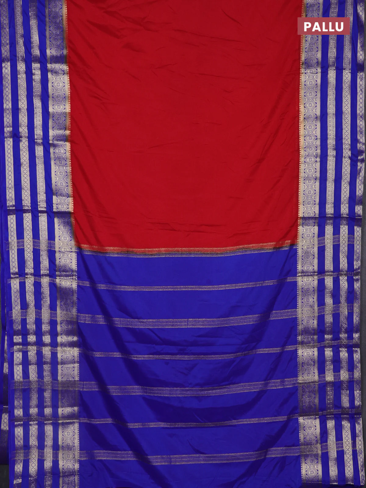 Semi mysore silk saree red and blue with plain body and long zari woven border - Image 3