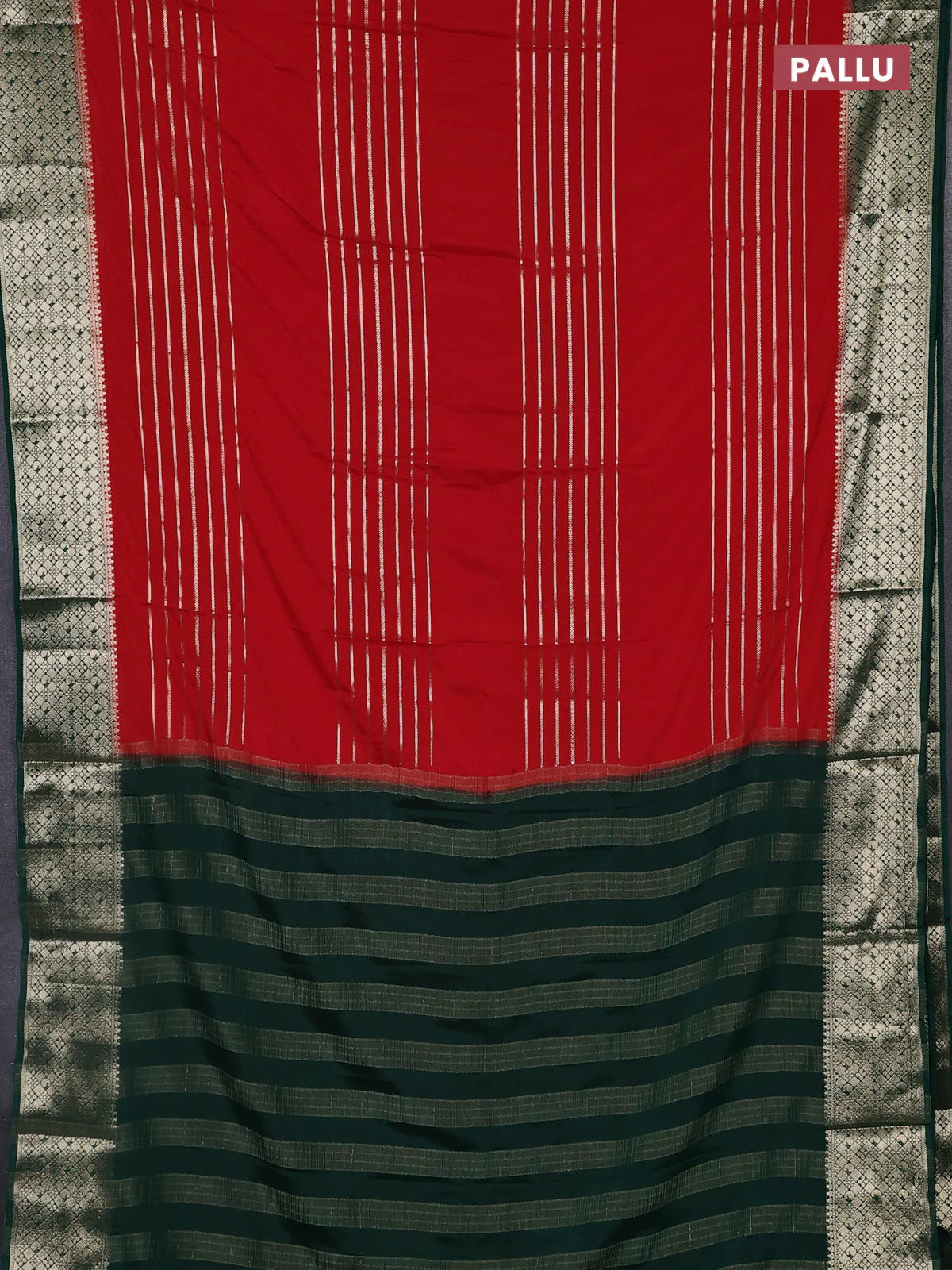 Semi mysore silk saree red and green with allover zari weaves and zari woven border - Image 3