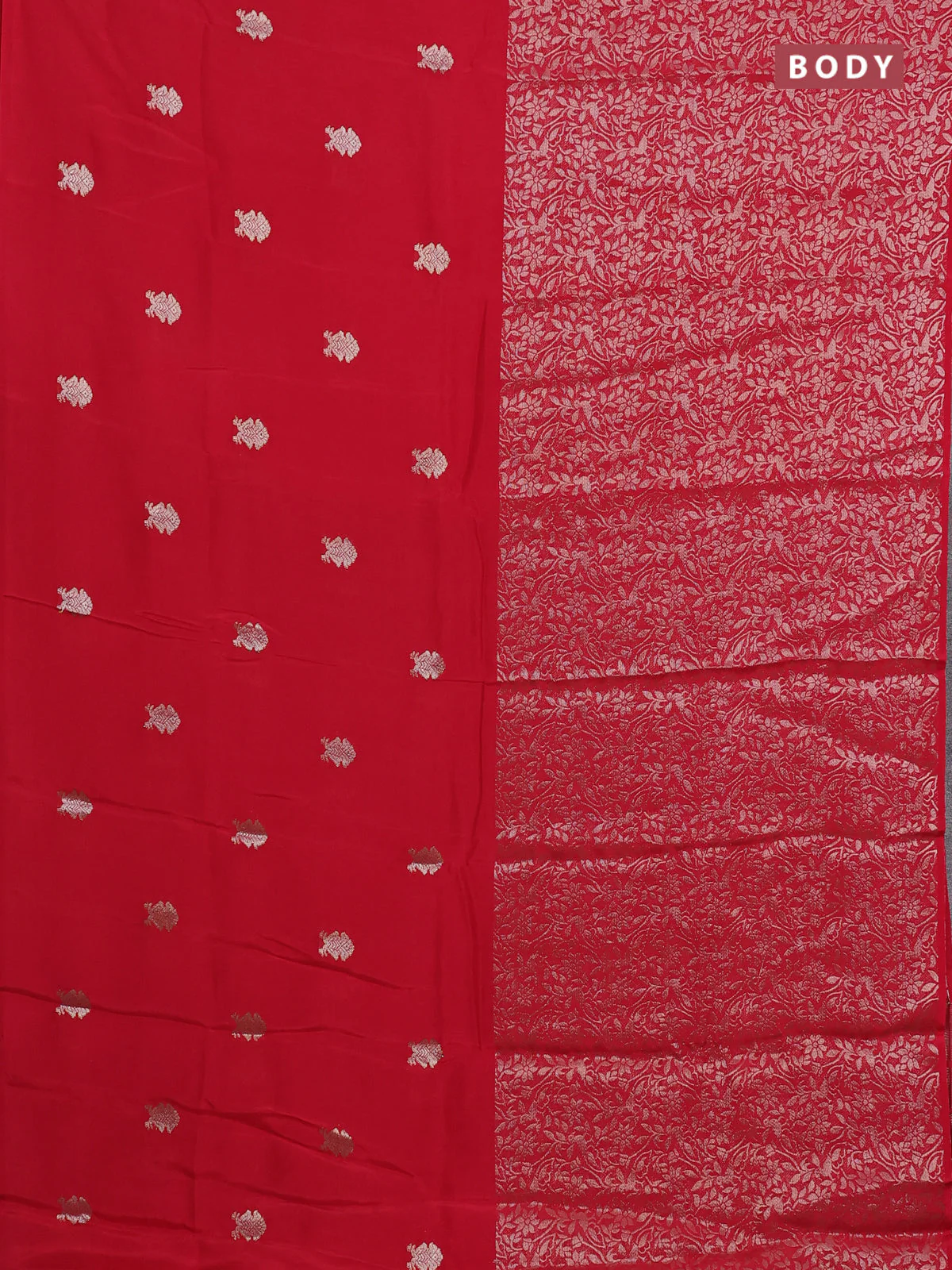 Semi mysore silk saree red and green with half & half style and long zari woven border - Image 2