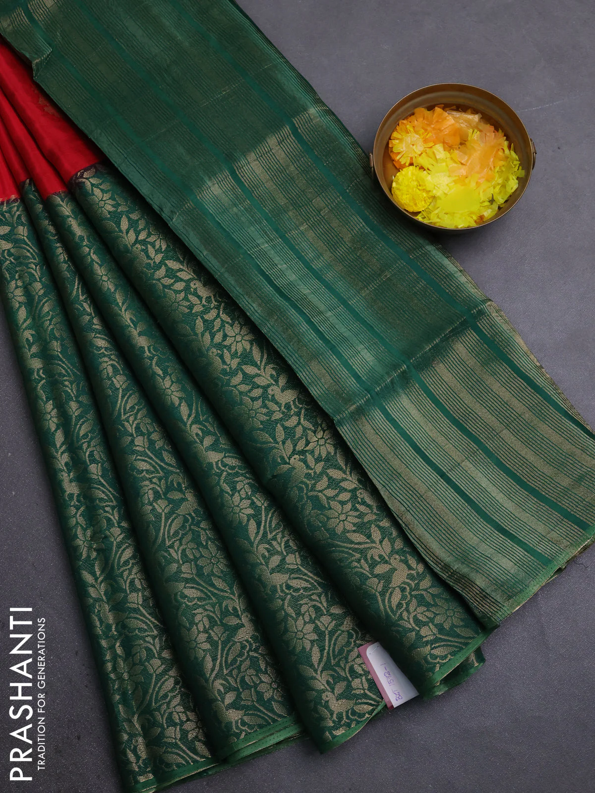 Semi mysore silk saree red and green with half & half style and long zari woven border
