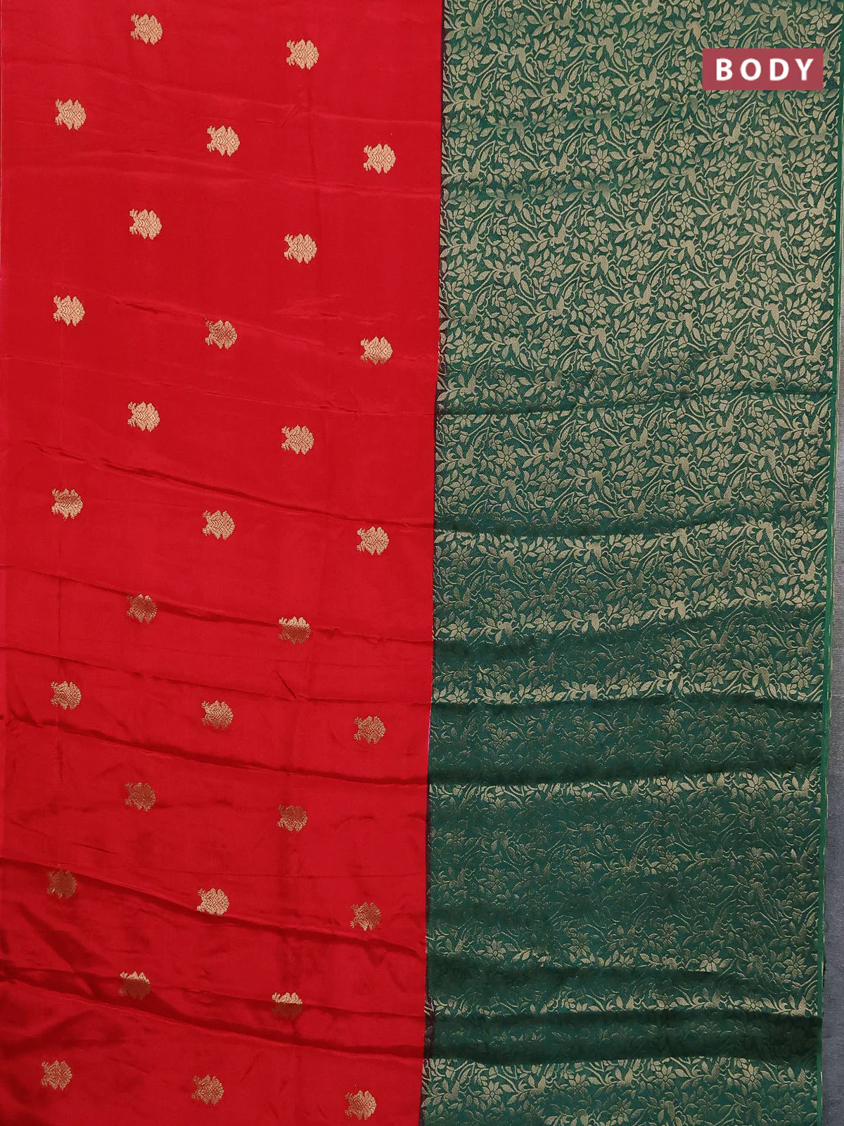 Semi mysore silk saree red and green with half & half style and long zari woven border - Image 2