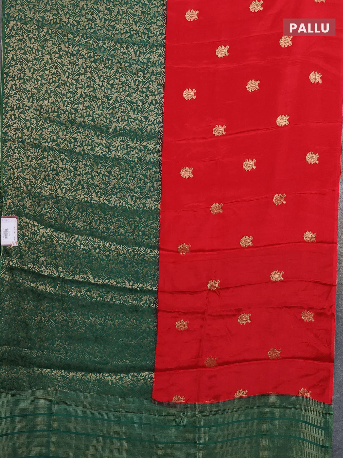 Semi mysore silk saree red and green with half & half style and long zari woven border - Image 3