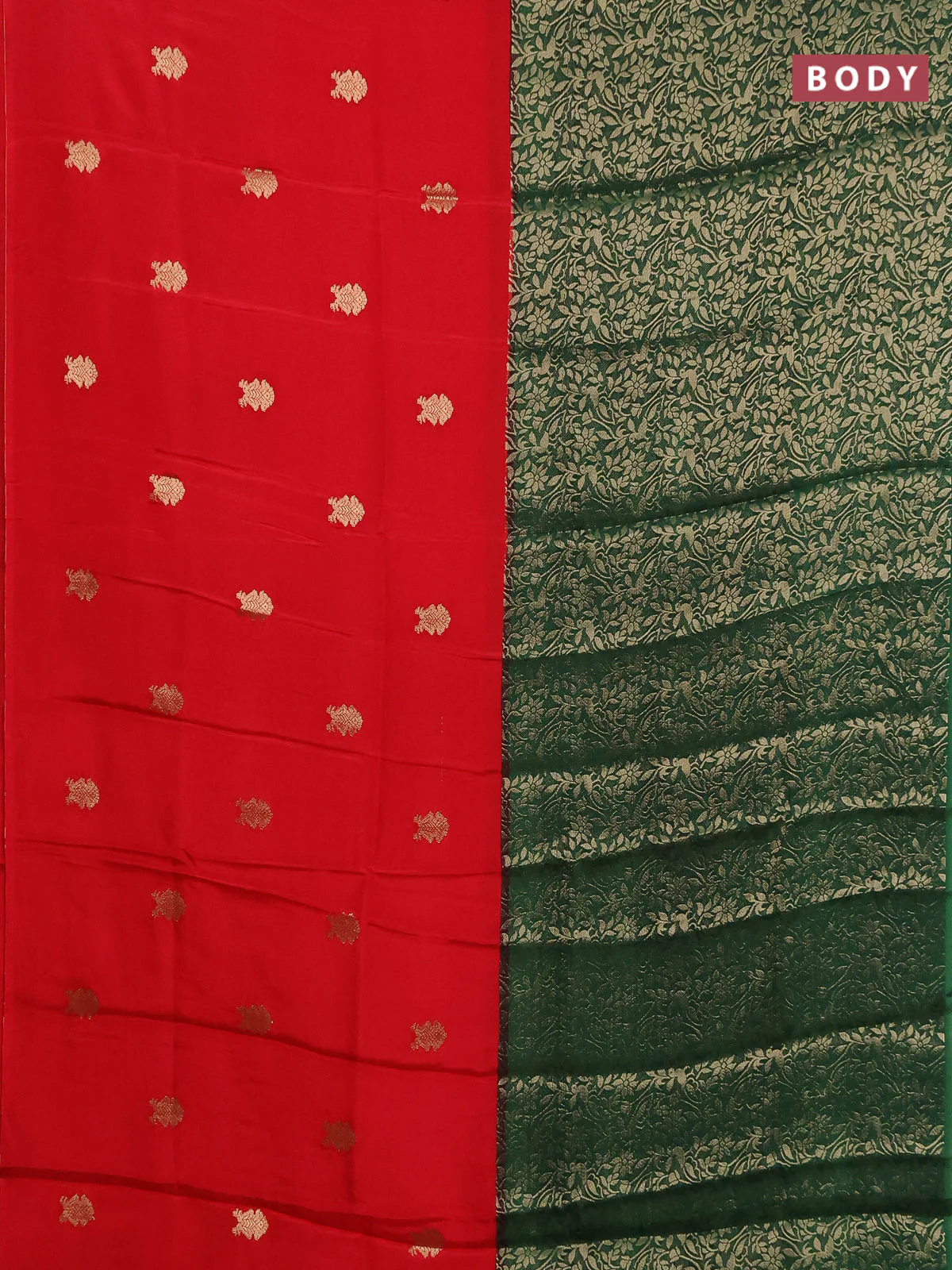 Semi mysore silk saree red and green with half & half style and long zari woven border - Image 2