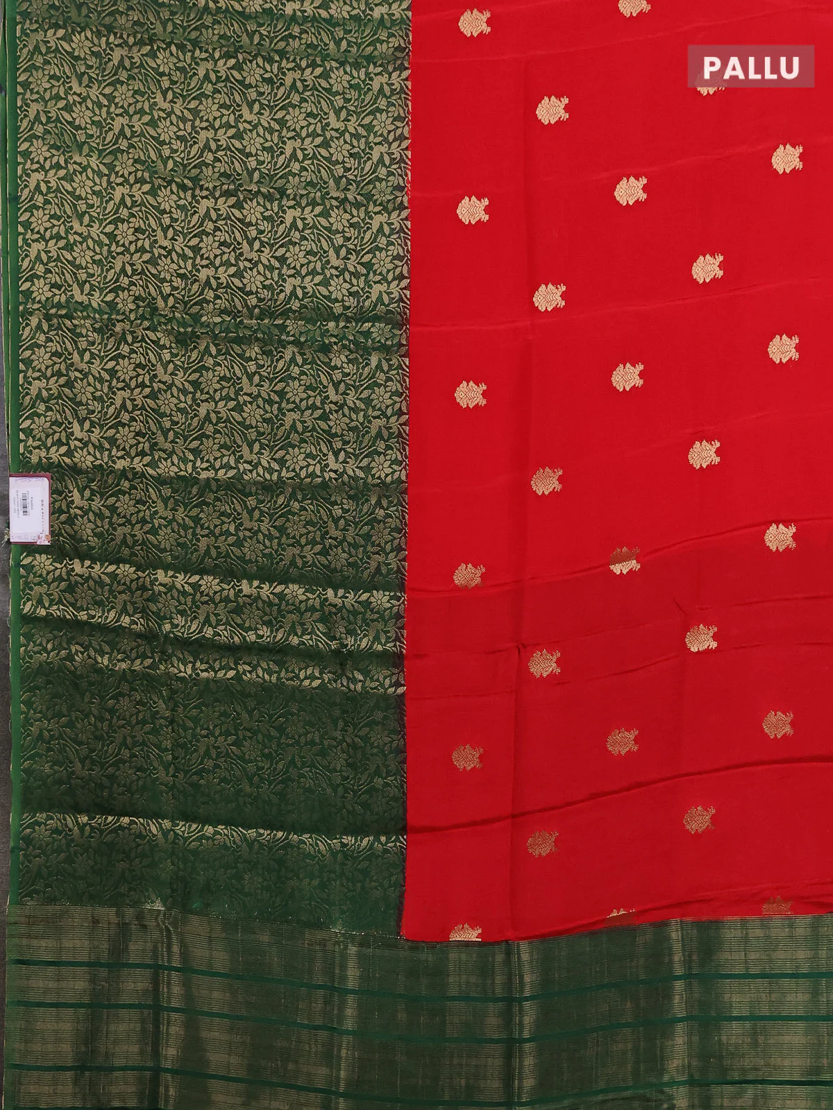 Semi mysore silk saree red and green with half & half style and long zari woven border - Image 3