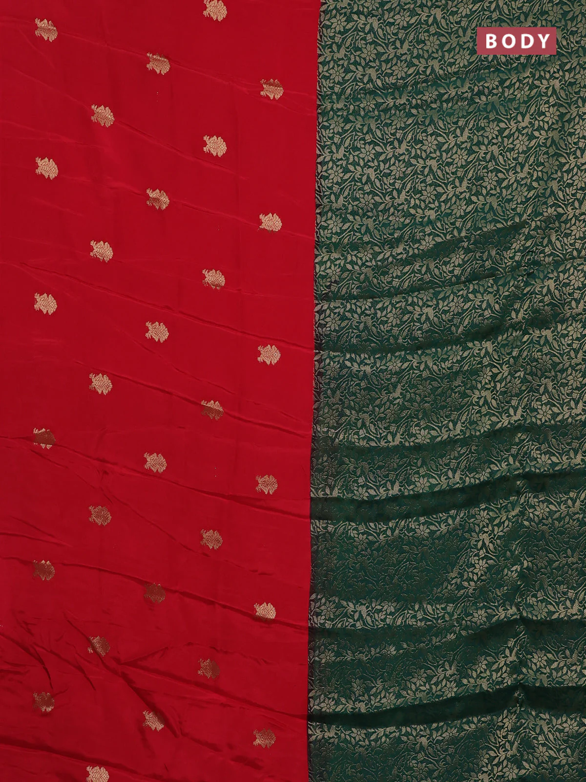 Semi mysore silk saree red and green with half & half style and long zari woven border - Image 2