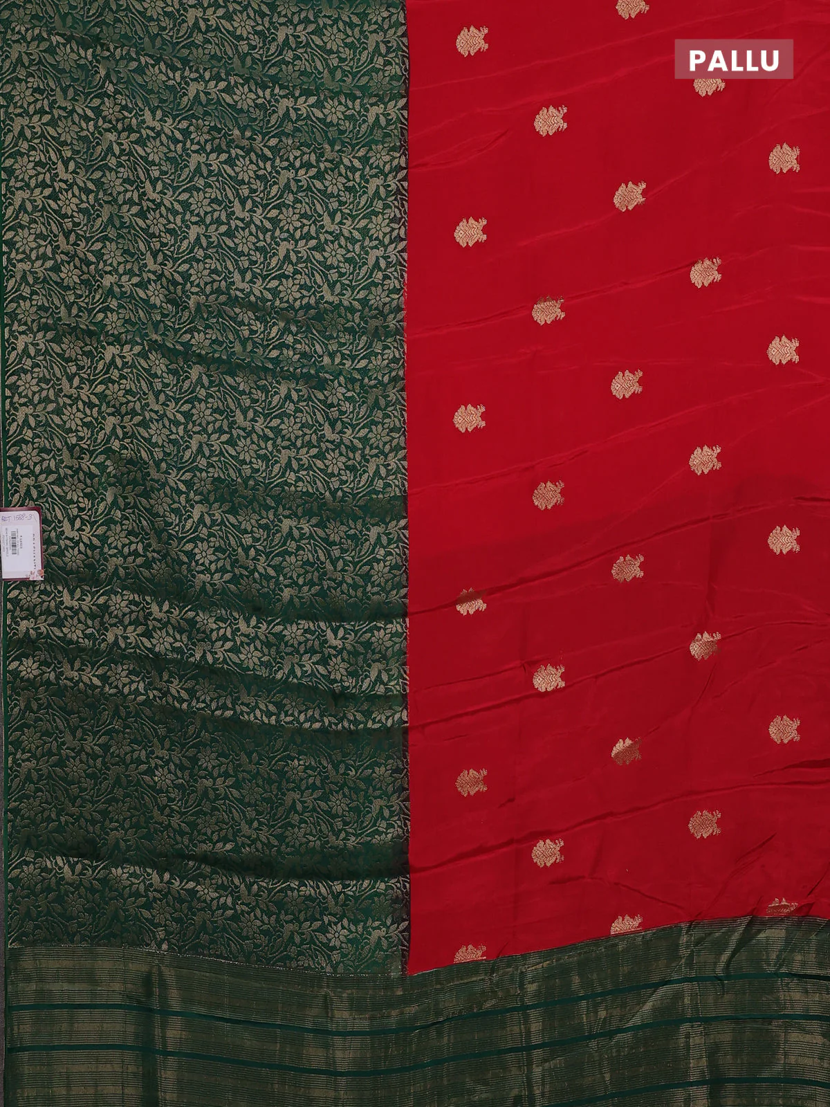 Semi mysore silk saree red and green with half & half style and long zari woven border - Image 3