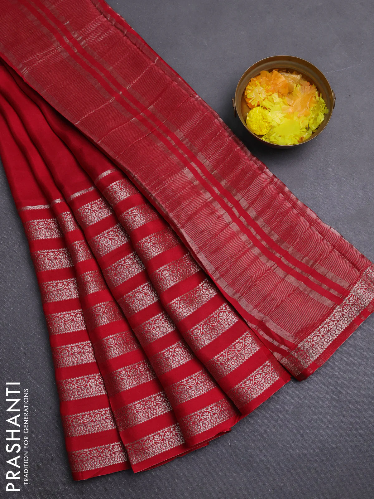 Semi mysore silk saree red and green with plain body and long zari woven border