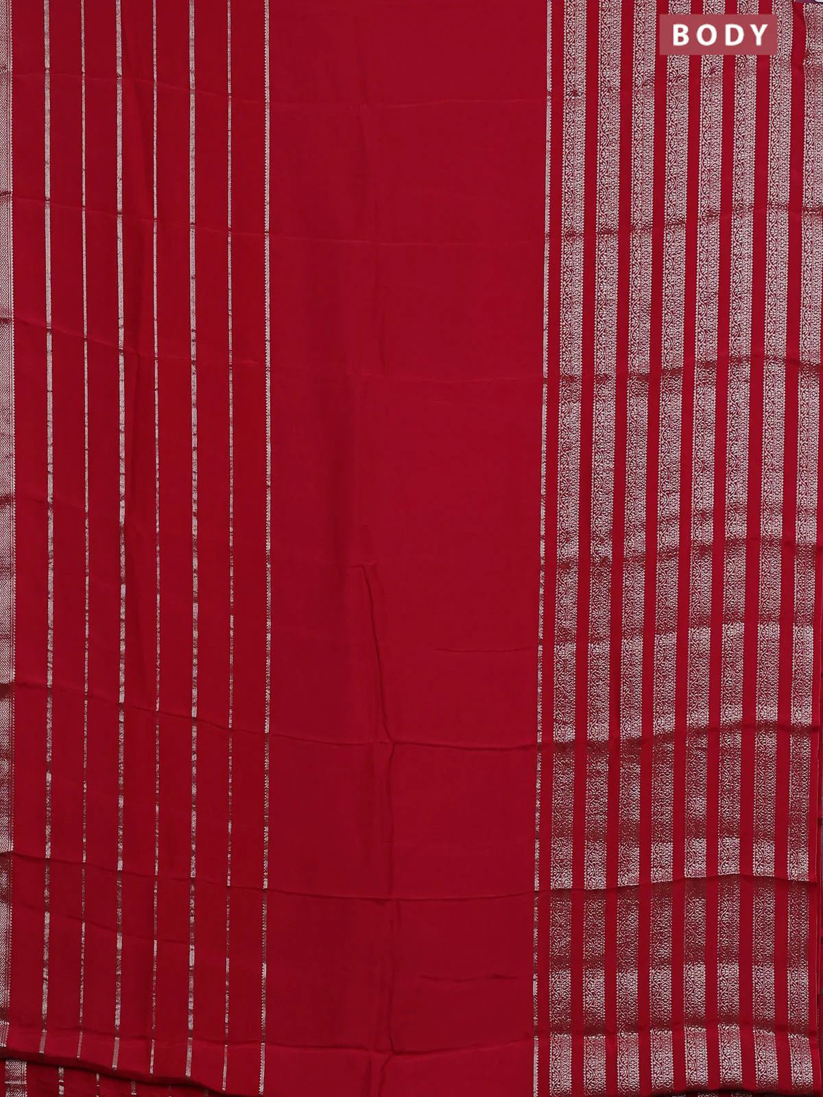 Semi mysore silk saree red and green with plain body and long zari woven border - Image 2