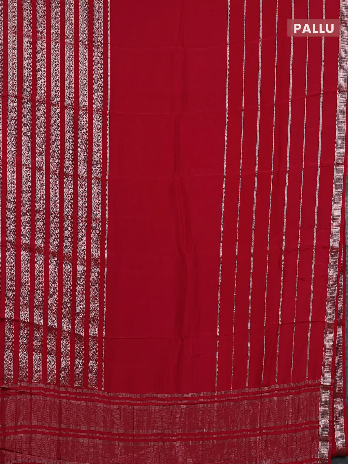 Semi mysore silk saree red and green with plain body and long zari woven border - Image 3