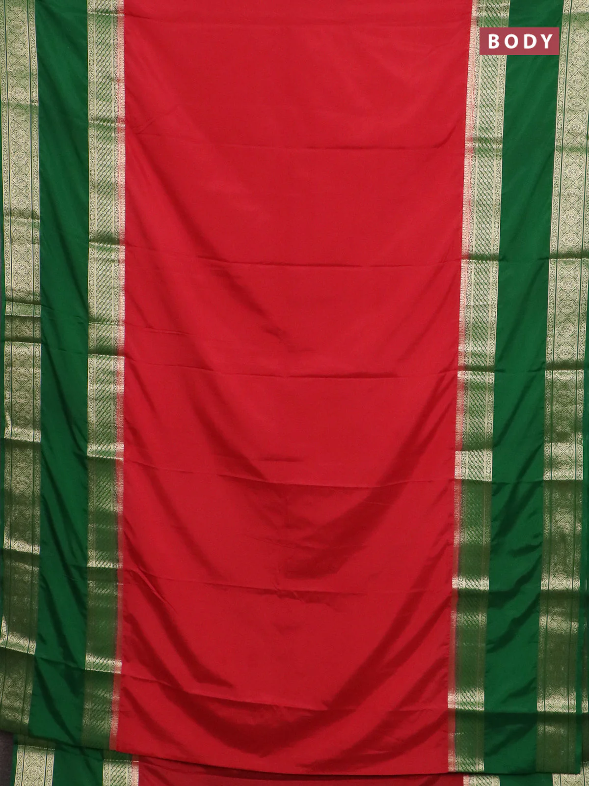 Semi mysore silk saree red and green with plain body and rettapet zari woven border - Image 2