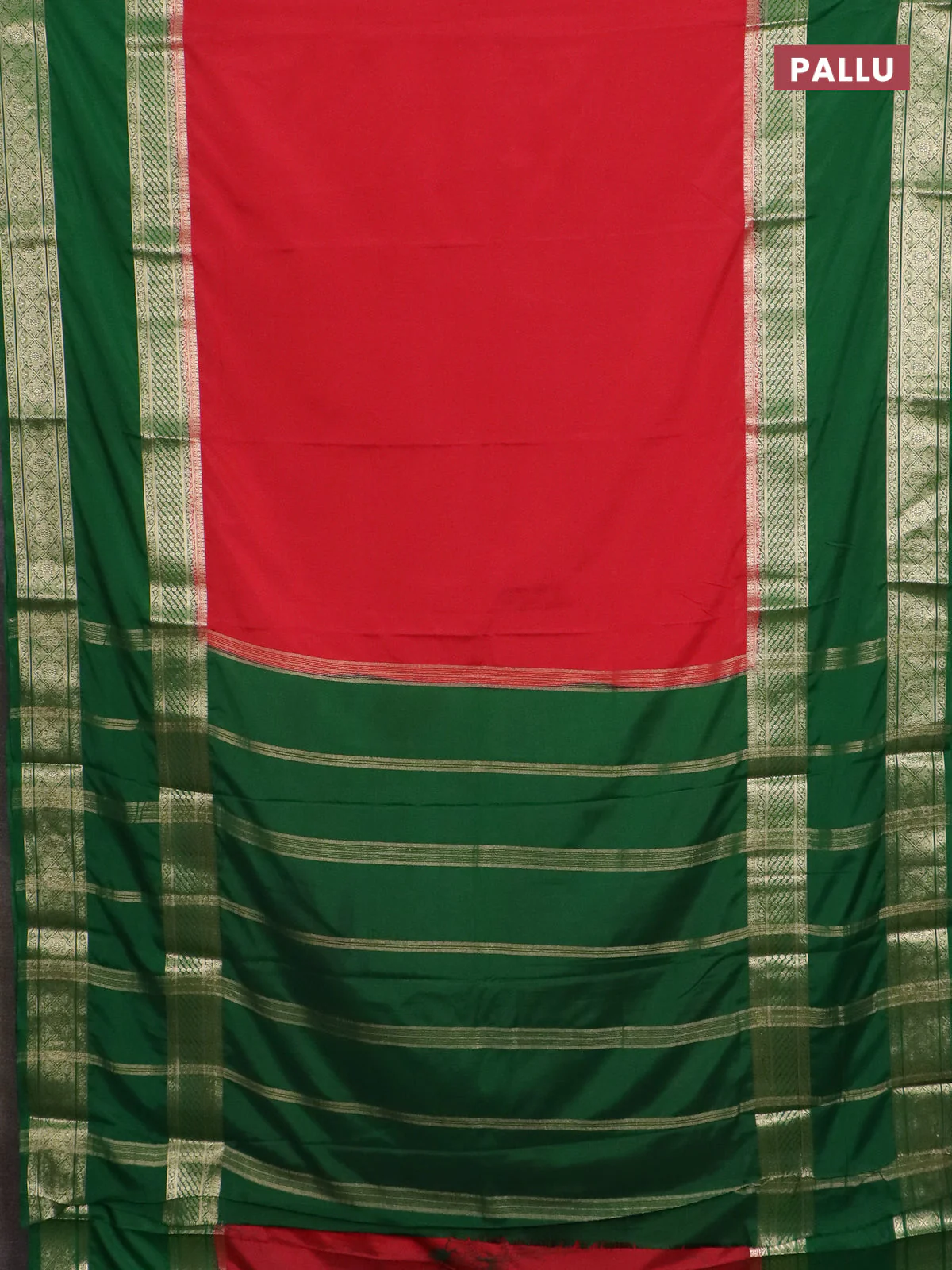 Semi mysore silk saree red and green with plain body and rettapet zari woven border - Image 3