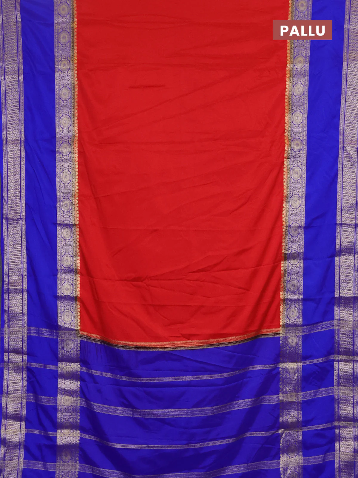 Semi mysore silk saree red and royal blue with plain body and rettapet zari woven border - Image 3