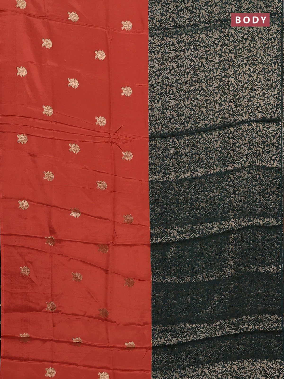 Semi mysore silk saree rustic orange and bottle green with half & half style and long zari woven border - Image 2
